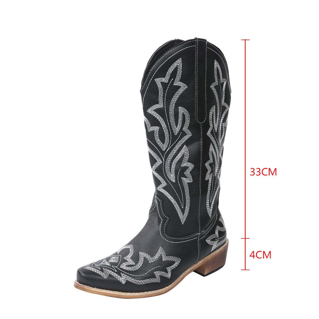 Women‘s Flower Embroidery Mid Calf Cowboy Boots Embroidery