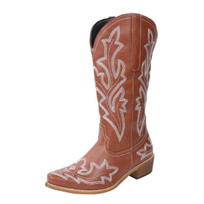 Women‘s Flower Embroidery Mid Calf Cowboy Boots Embroidery