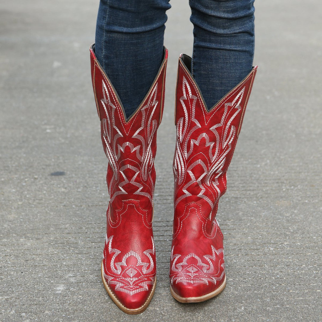 Women‘s Flower Embroidery Mid Calf Cowboy Boots Embroidery