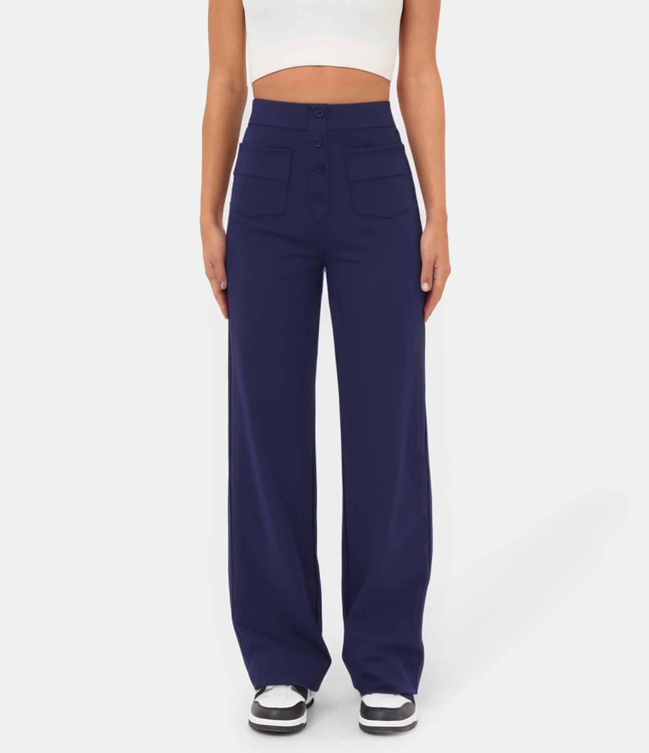 High Waisted Button Multiple Pockets Straight Leg Casual Pants