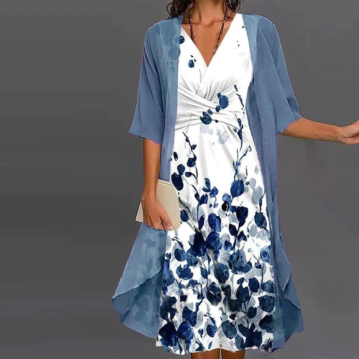 Floral Print V Neck Casual Regular Fit Two-Piece Dress
