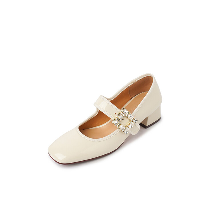Handmade Patent Leather Mary Jane Pumps Block Heel Office Shoes in Beige/Black