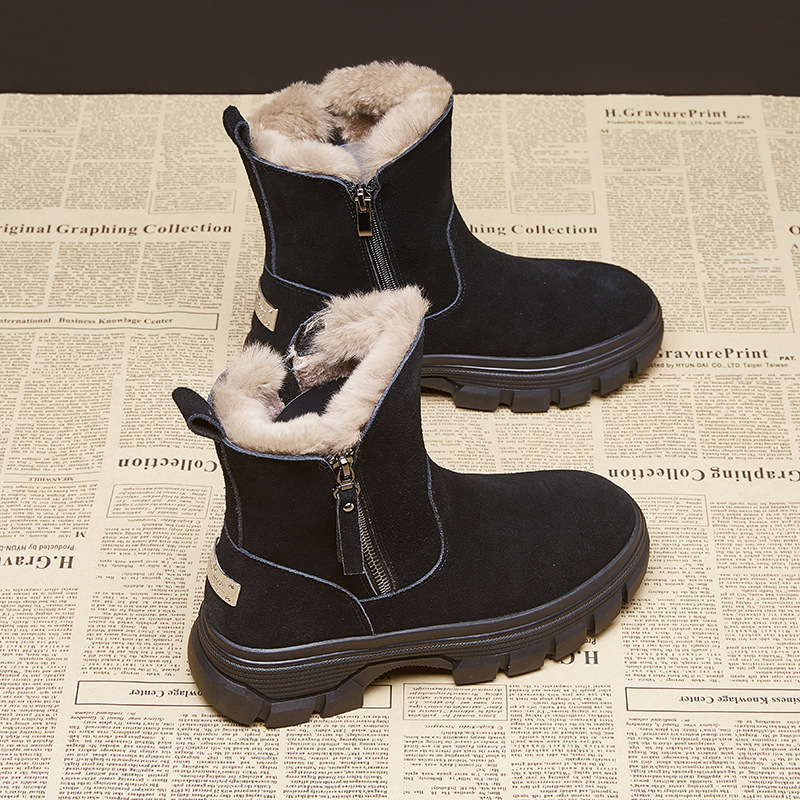 New Suede Leather Women Snow Boots Outdoor Leisure Flats Platforms Ladies Shoes Fashion Side Zipper Warm Plush Boot