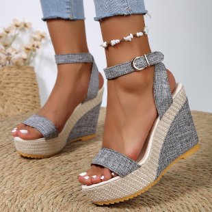 Ankle Strap Peep Toe Platform Denim Wedge Sandals