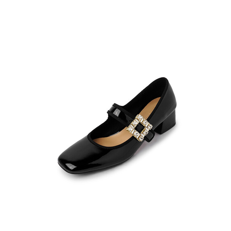 Handmade Patent Leather Mary Jane Pumps Block Heel Office Shoes in Bei