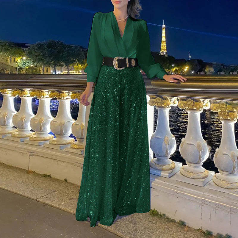 Luxurious V-neck Shirt and Wide-leg Trousers for Women