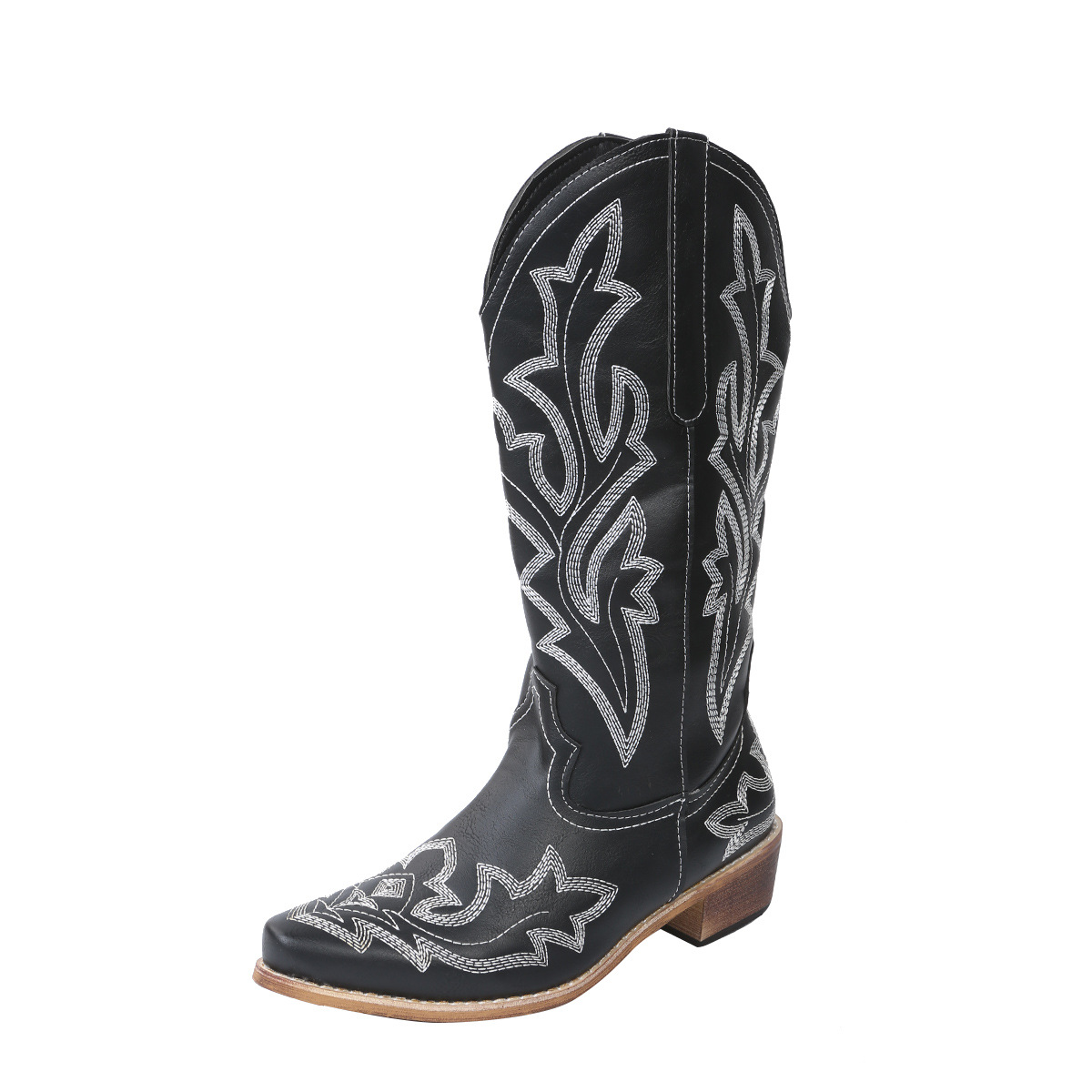 Women‘s Flower Embroidery Mid Calf Cowboy Boots 