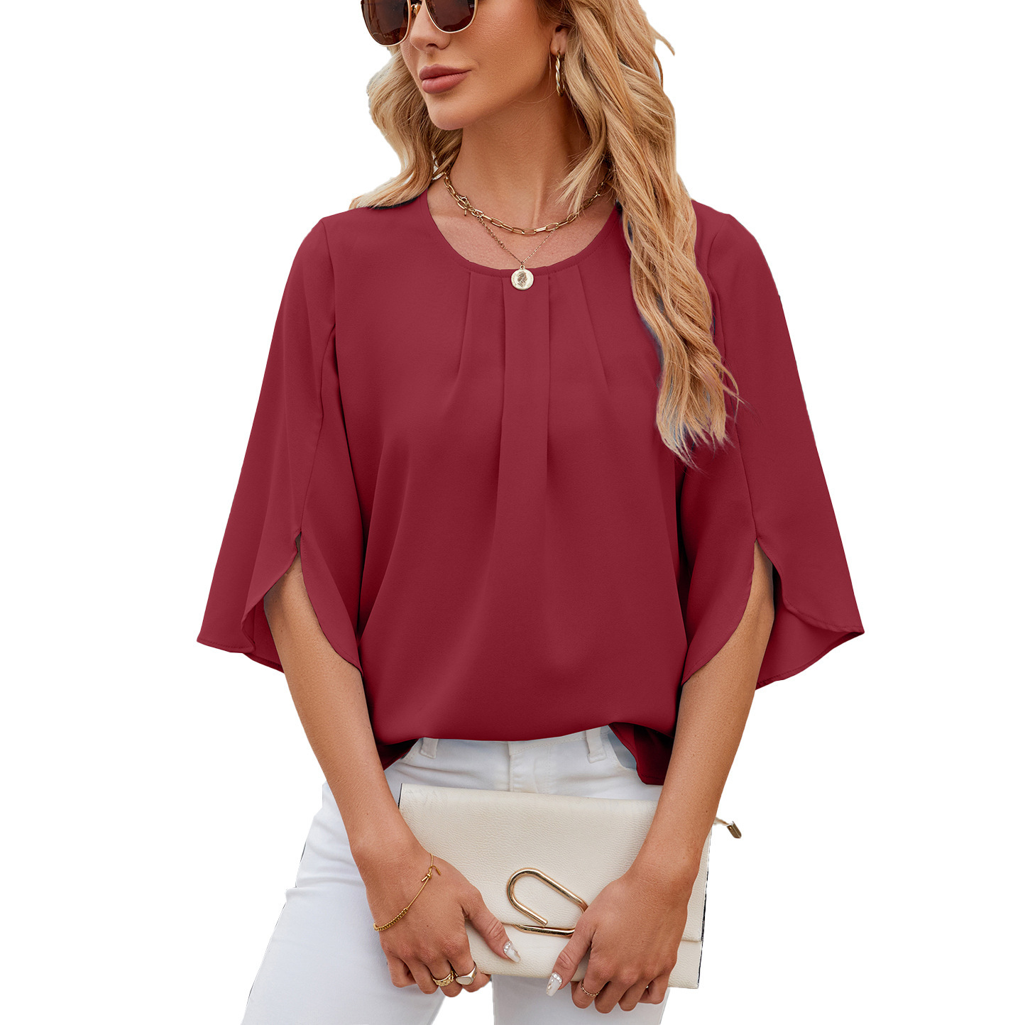 Pleated Neckline Half-Sleeve Blouse