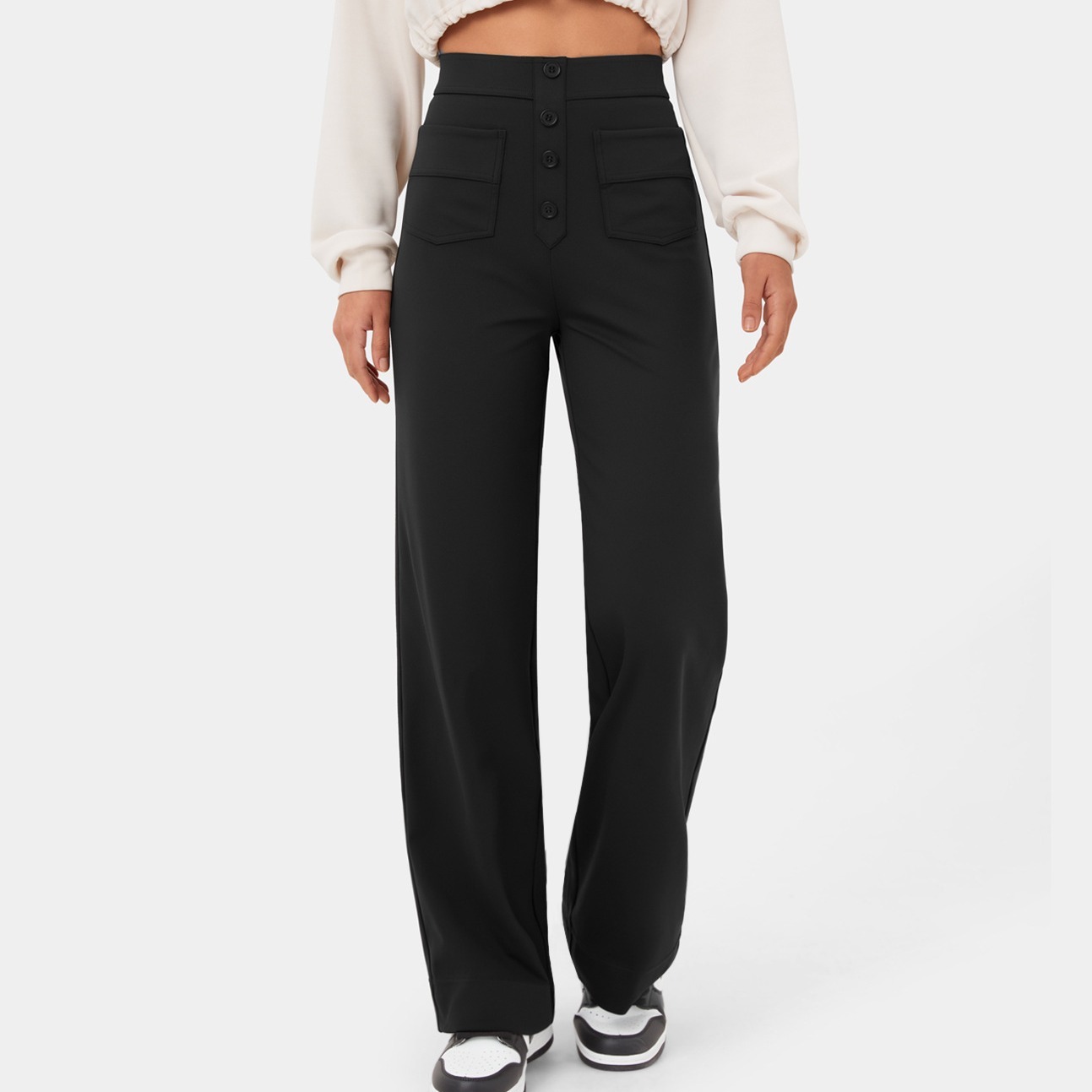 High Waisted Button Multiple Pockets Straight Leg Casual Pants