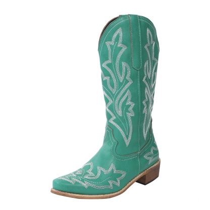 Women‘s Flower Embroidery Mid Calf Cowboy Boots 