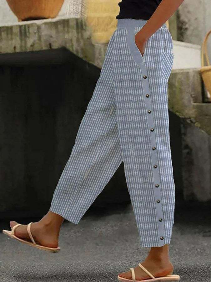 Stripe Print Casual Loose Pants with Pockets