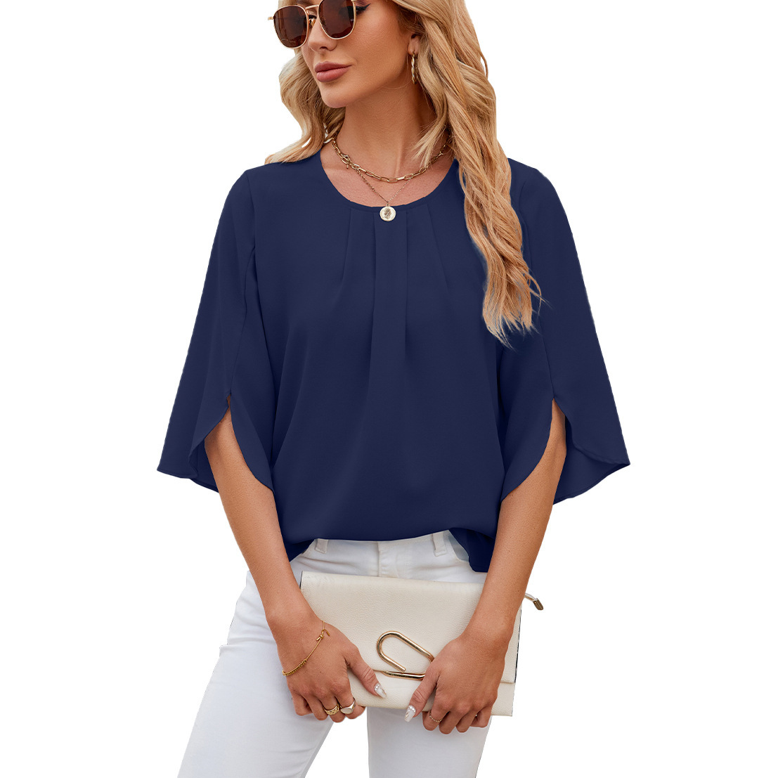 Pleated Neckline Half-Sleeve Blouse