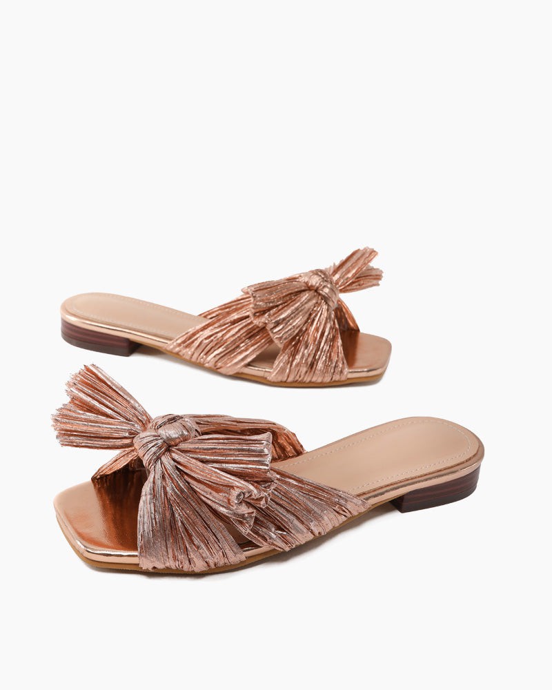 Pleated Bow Open Toe Comfort Slip On Slide Flat Sandals