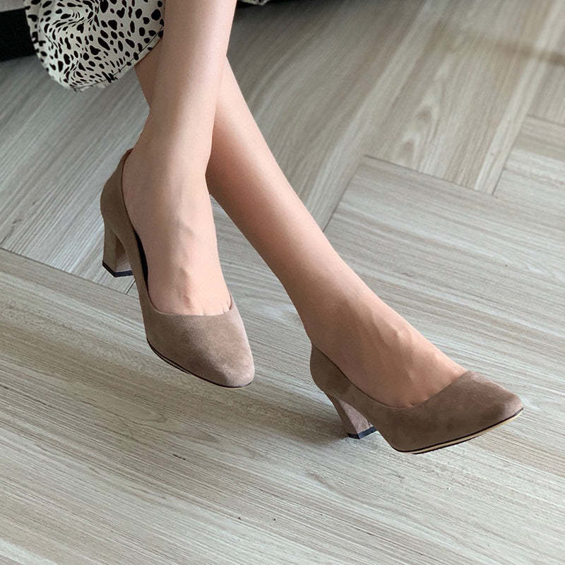 Handmade Suede Leather Retro Square Toe Heels Pumps Women Shoes Block Heels Slip On Office Shoes