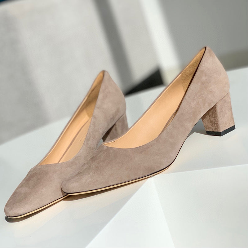Handmade Suede Leather Retro Square Toe Heels Pumps Women Shoes Block Heels Slip On Office Shoes