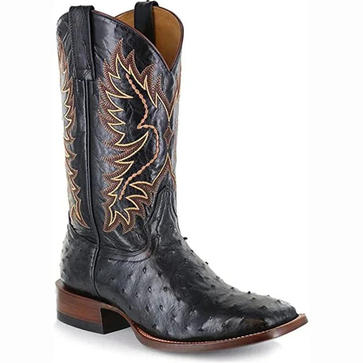 Retro Ostrich Tobacco Exotic Square Toe Western Cowboy Boots
