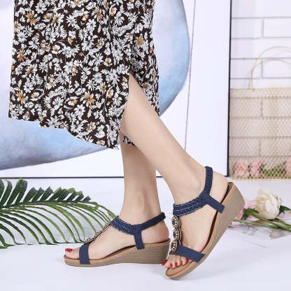 Wedge Orthopedic Sandals Women Boho Floral Rhinestoned Sandals Ankle Strap Summer