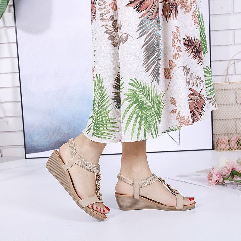 Wedge Orthopedic Sandals Women Boho Floral Rhinestoned Sandals Ankle Strap Summer