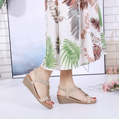 Wedge Orthopedic Sandals Women Boho Floral Rhinestoned Sandals Ankle Strap Summer