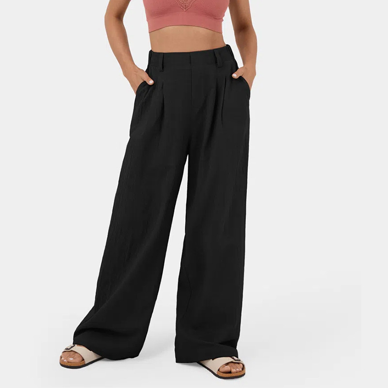 High Waisted Plicated Side Pocket Wide Leg Flowy Solid Casual Linen-Feel Pants
