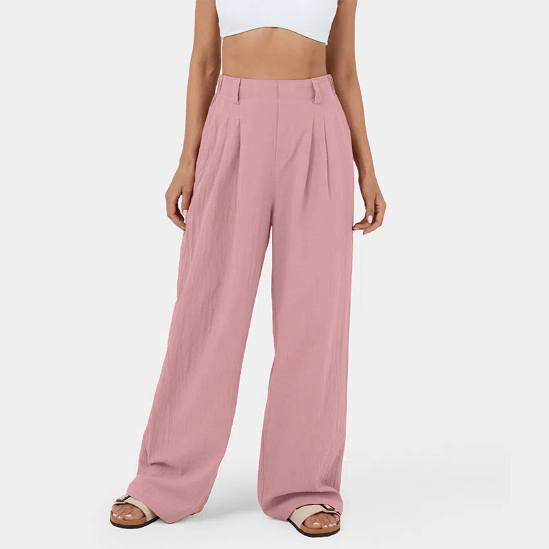 High Waisted Plicated Side Pocket Wide Leg Flowy Solid Casual Linen-Feel Pants