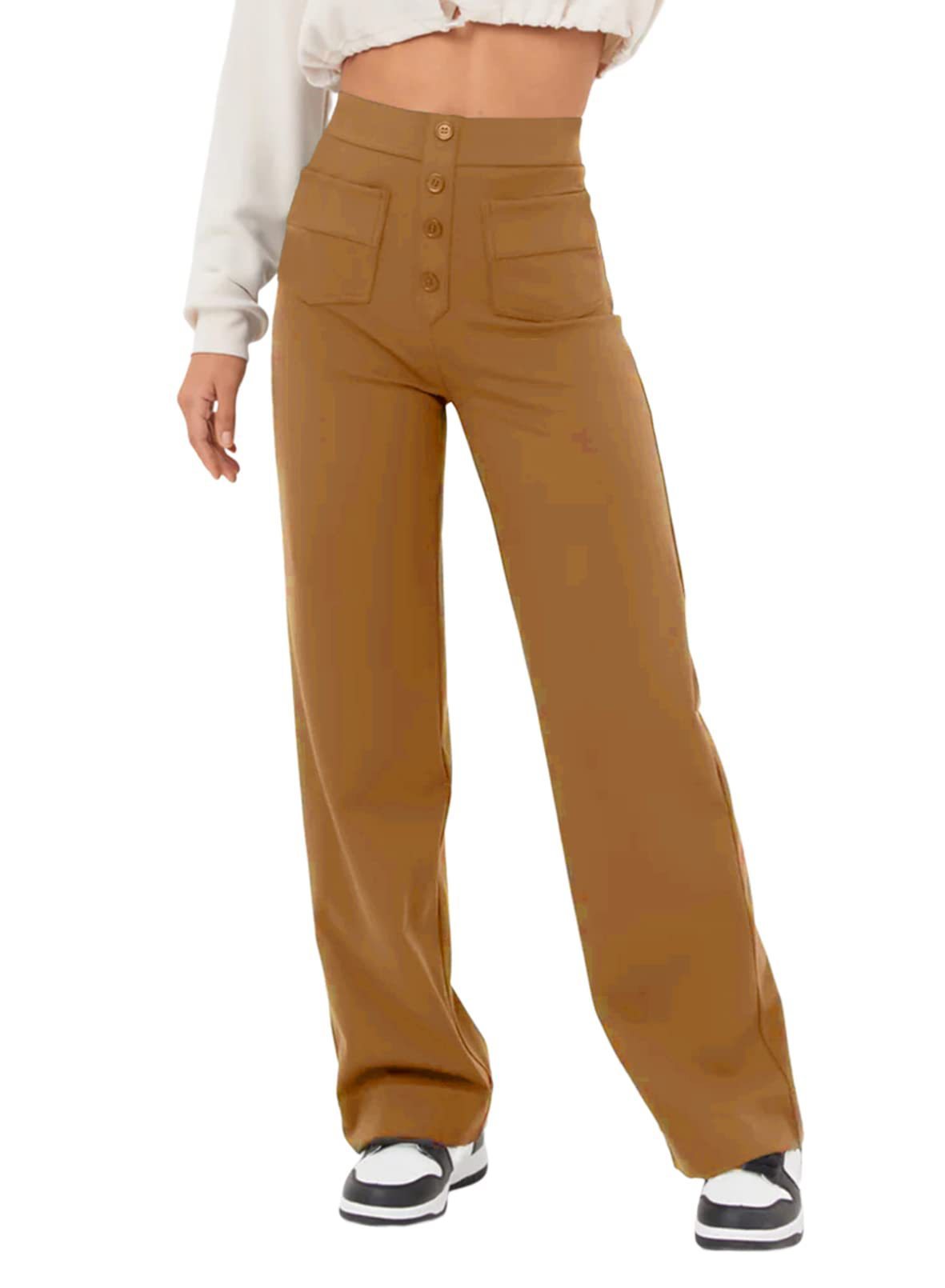 High Waisted Button Multiple Pockets Straight Leg Casual Pants
