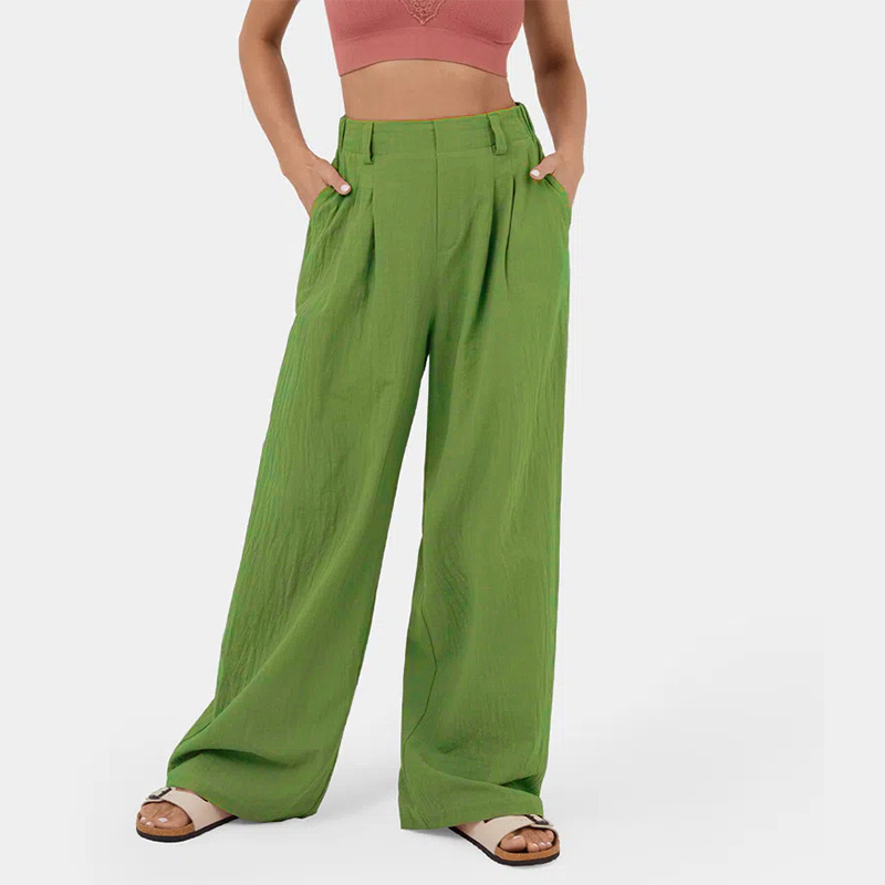 High Waisted Plicated Side Pocket Wide Leg Flowy Solid Casual Linen-Feel Pants