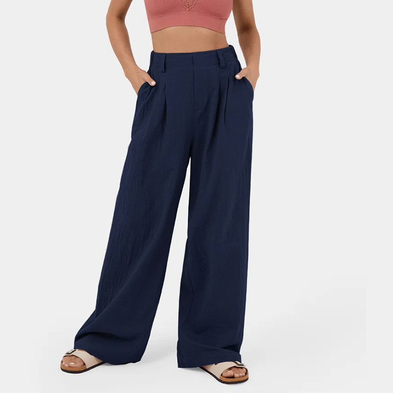 High Waisted Plicated Side Pocket Wide Leg Flowy Solid Casual Linen-Feel Pants