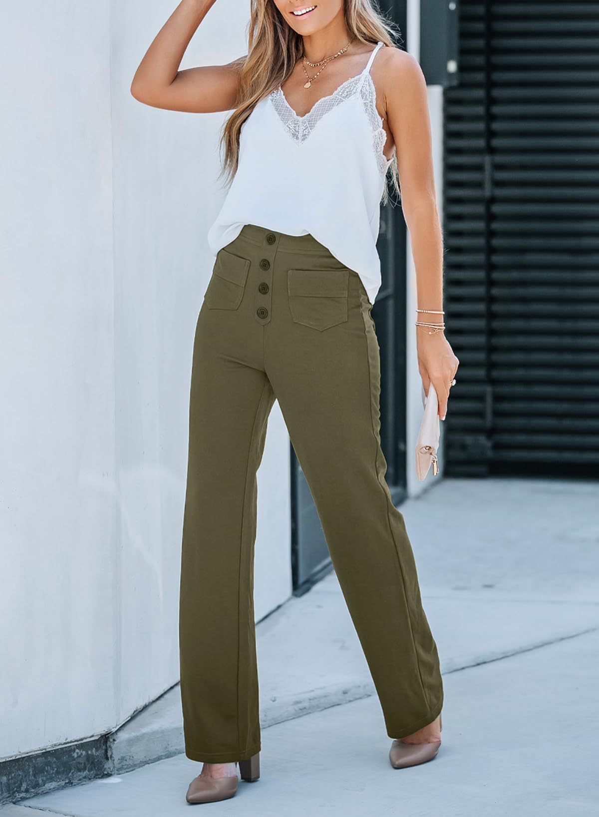 High Waisted Button Multiple Pockets Straight Leg Casual Pants