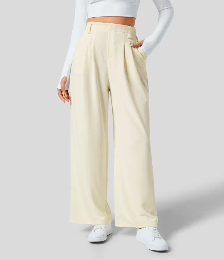 High Waisted Plicated Side Pocket Wide Leg Waffle Work Pants