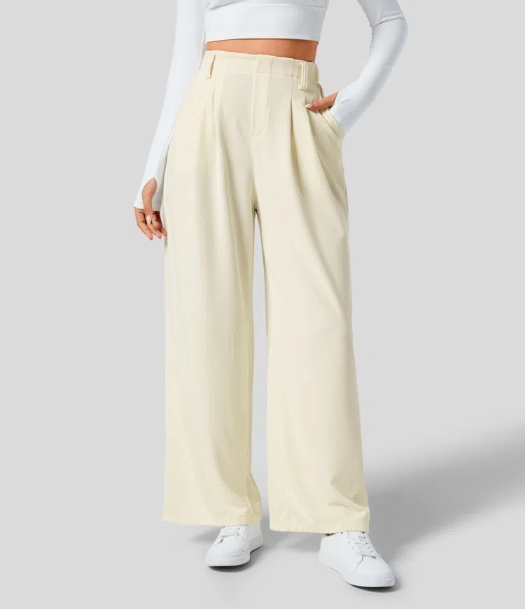 High Waisted Plicated Side Pocket Wide Leg Waffle Work Pants