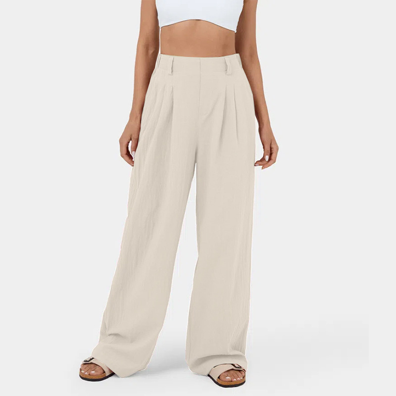 High Waisted Plicated Side Pocket Wide Leg Flowy Solid Casual Linen-Feel Pants