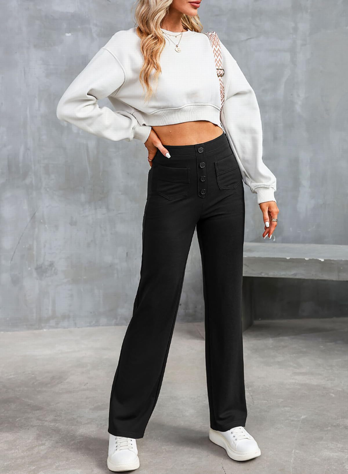 High Waisted Button Multiple Pockets Straight Leg Casual Pants