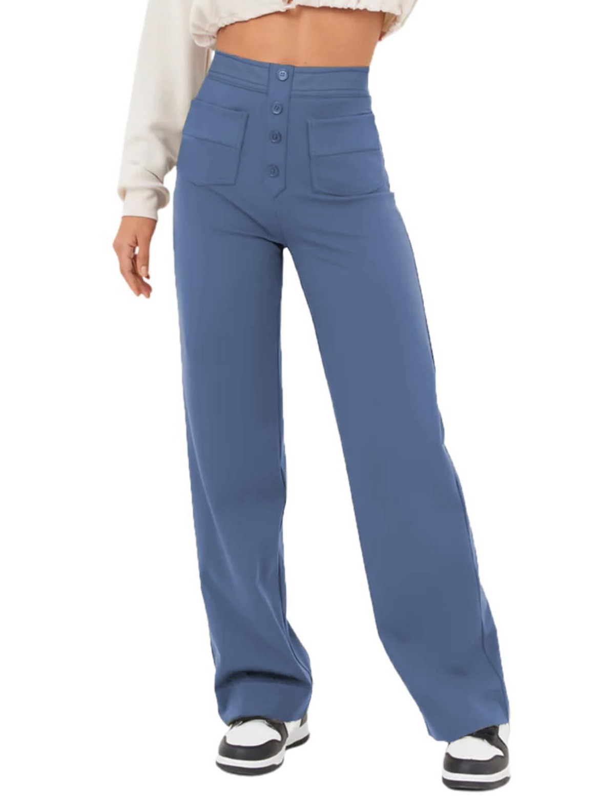 High Waisted Button Multiple Pockets Straight Leg Casual Pants