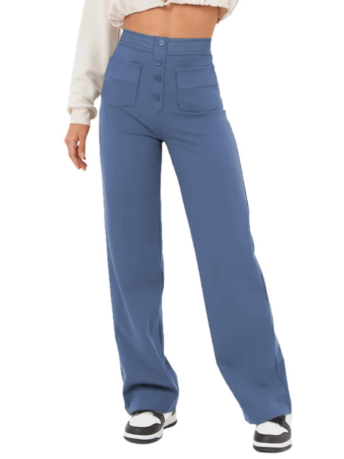 High Waisted Button Multiple Pockets Straight Leg Casual Pants