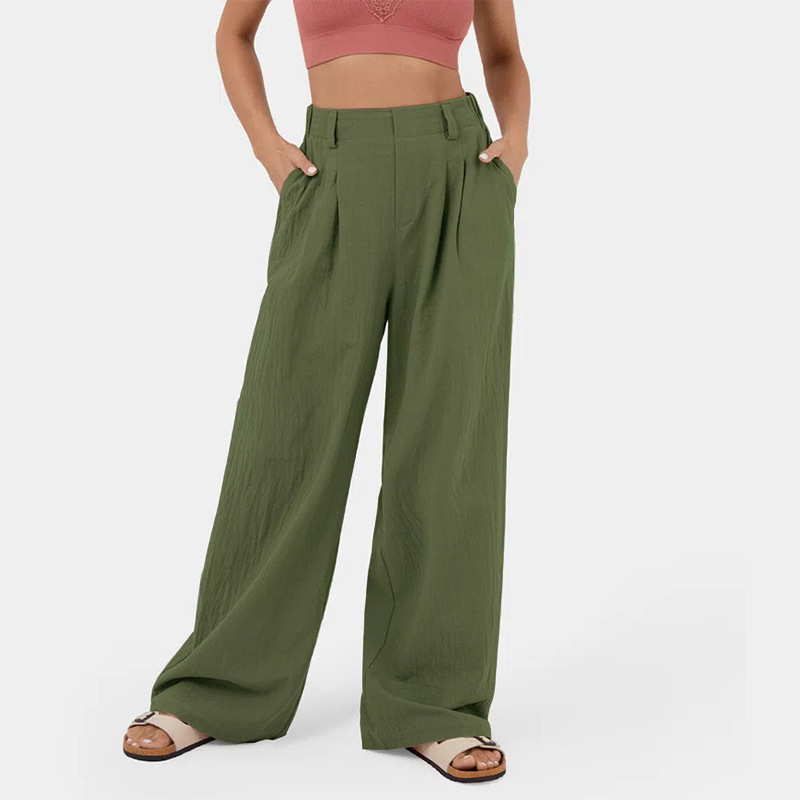 High Waisted Plicated Side Pocket Wide Leg Flowy Solid Casual Linen-Fe