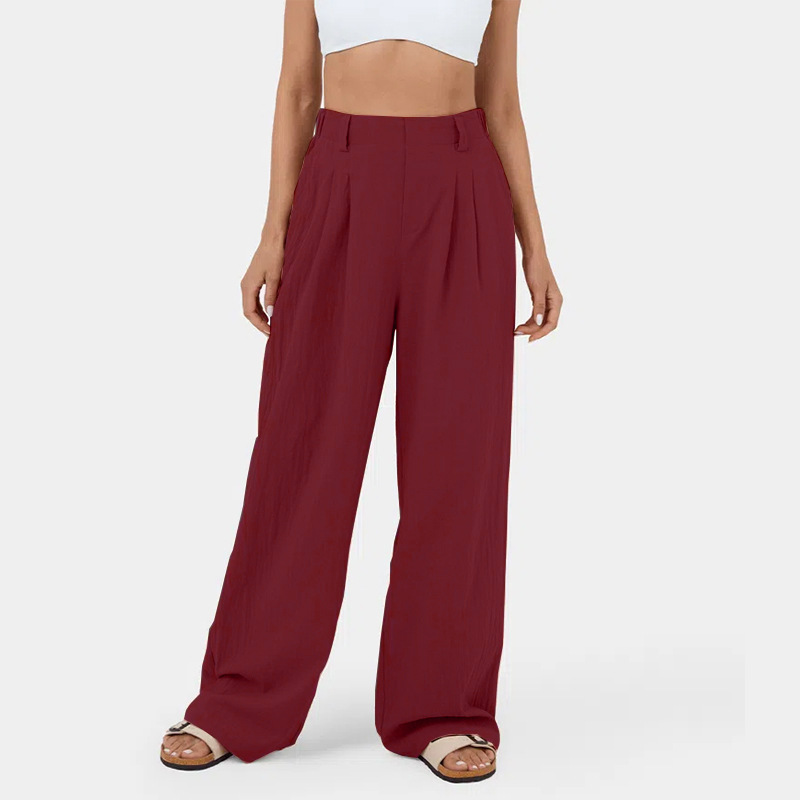High Waisted Plicated Side Pocket Wide Leg Flowy Solid Casual Linen-Feel Pants