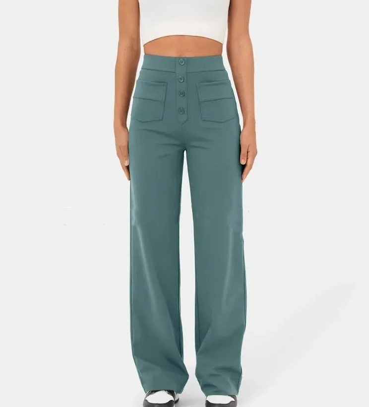 High Waisted Button Multiple Pockets Straight Leg Casual Pants
