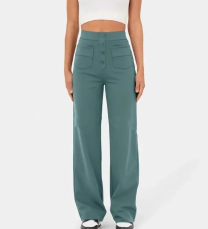 High Waisted Button Multiple Pockets Straight Leg Casual Pants
