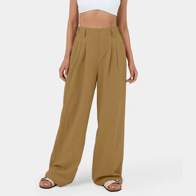 High Waisted Plicated Side Pocket Wide Leg Flowy Solid Casual Linen-Feel Pants