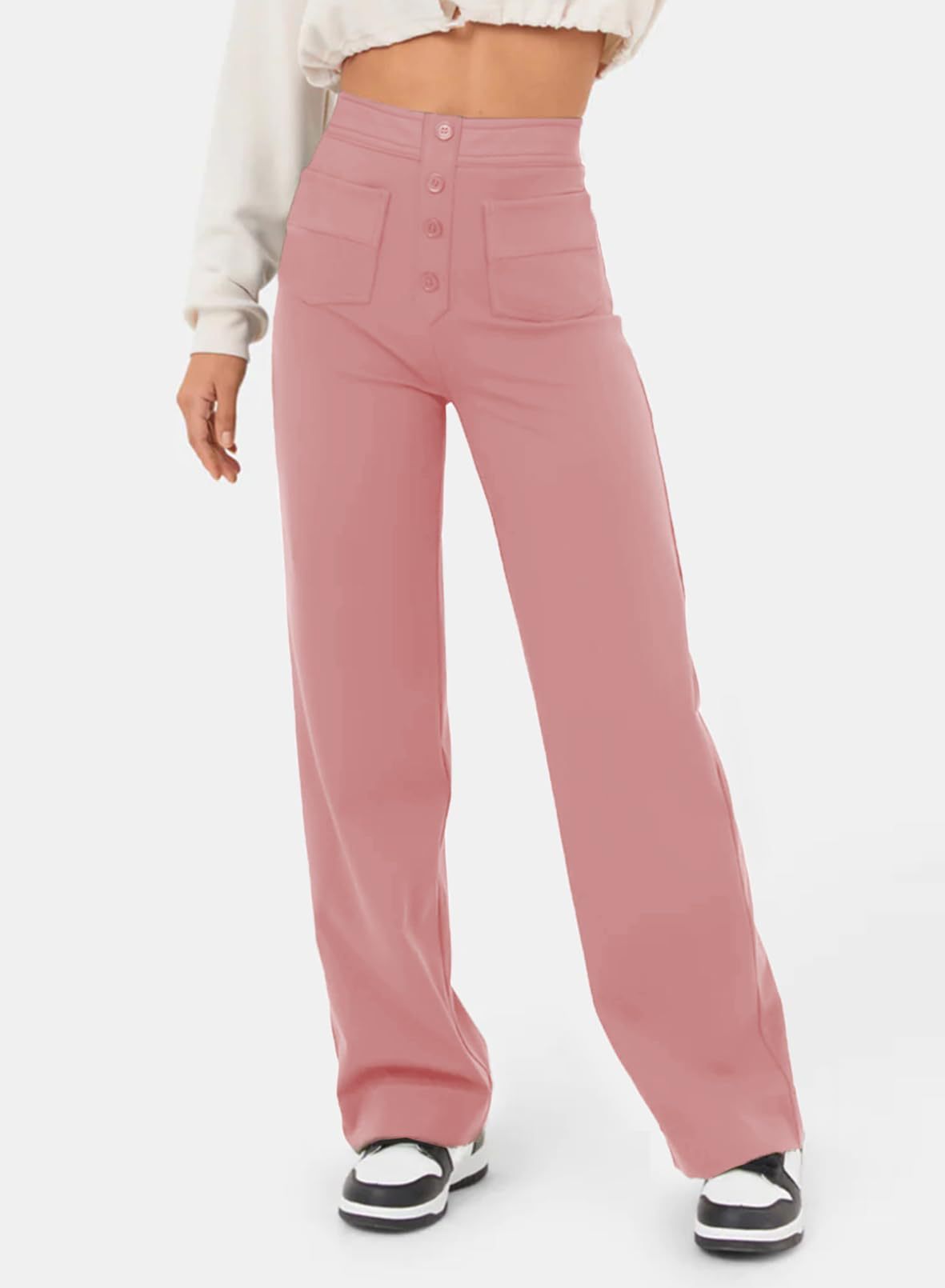 High Waisted Button Multiple Pockets Straight Leg Casual Pants
