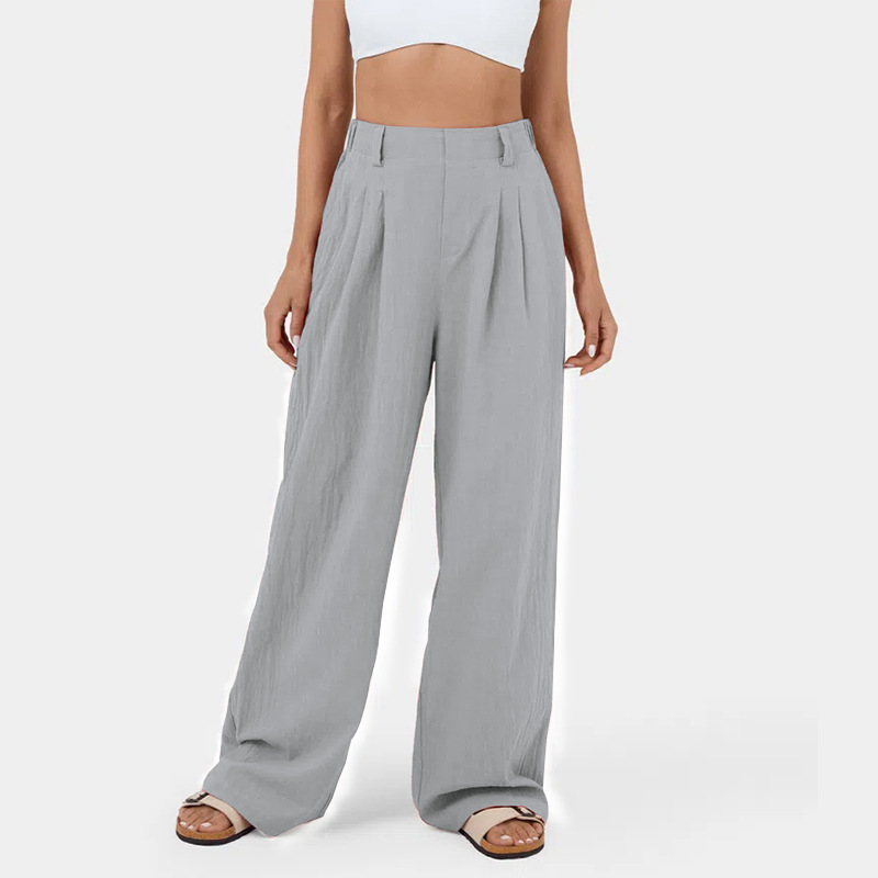 High Waisted Plicated Side Pocket Wide Leg Flowy Solid Casual Linen-Feel Pants