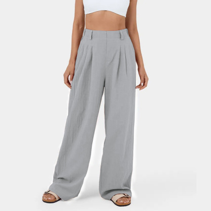 High Waisted Plicated Side Pocket Wide Leg Flowy Solid  Casual Linen-Feel Pants