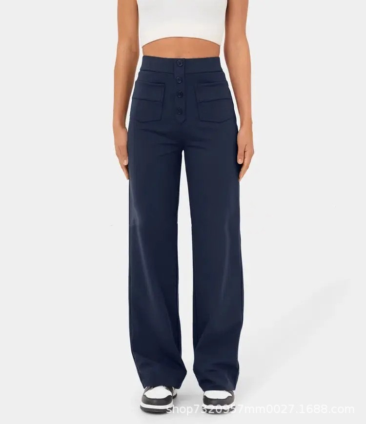 High Waisted Button Multiple Pockets Straight Leg Casual Pants