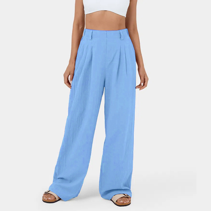 High Waisted Plicated Side Pocket Wide Leg Flowy Solid Casual Linen-Feel Pants