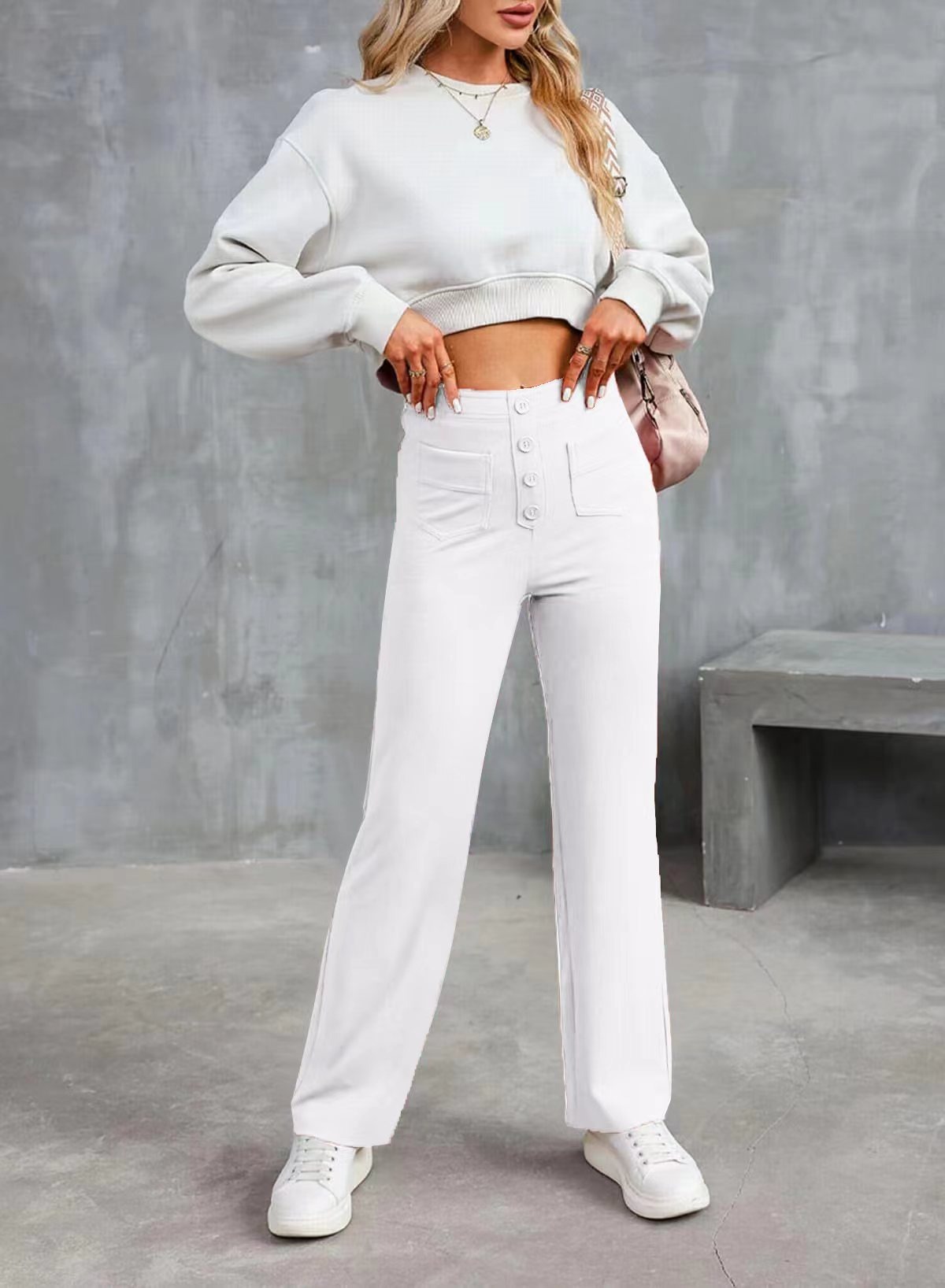 High Waisted Button Multiple Pockets Straight Leg Casual Pants