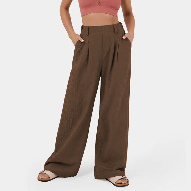 High Waisted Plicated Side Pocket Wide Leg Flowy Solid Casual Linen-Feel Pants