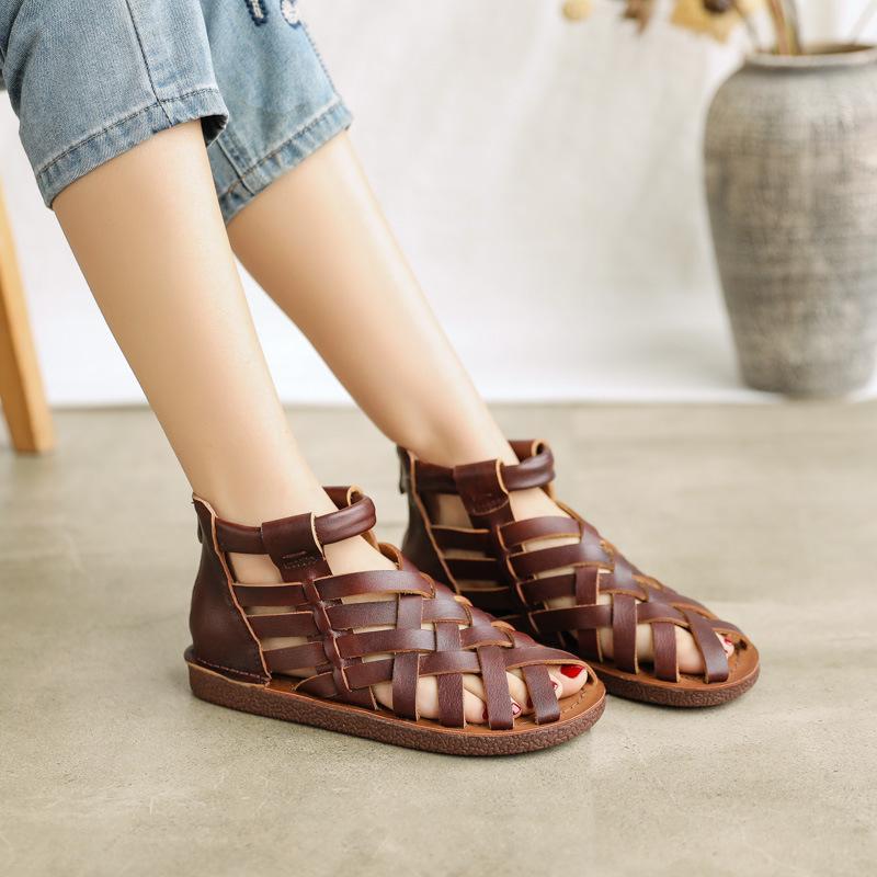 Handmade Leather Gladiator Sandals Retro Woven Open-toe Flat Shoes