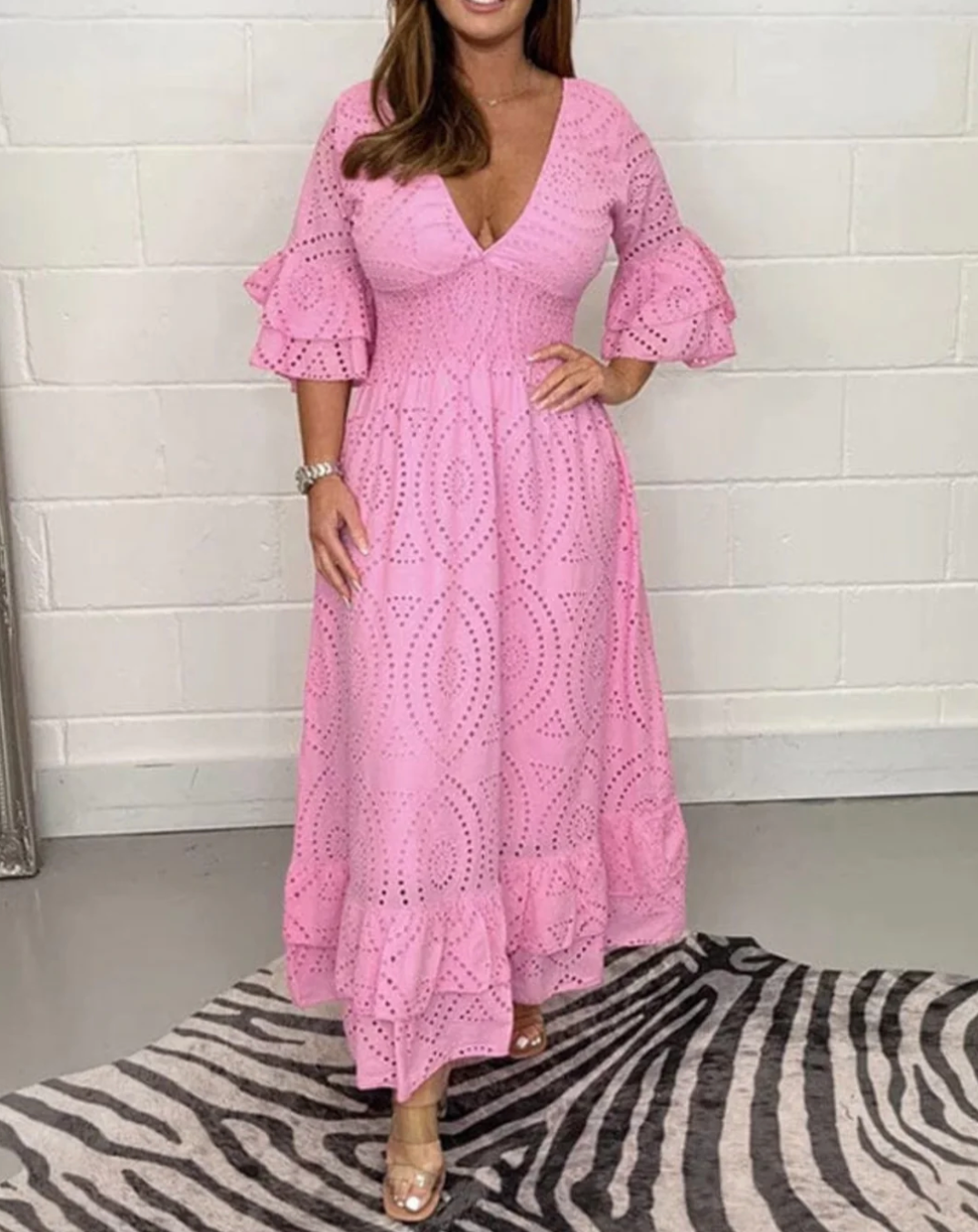 Midi Dress with Frilled Embroidered Sleeves