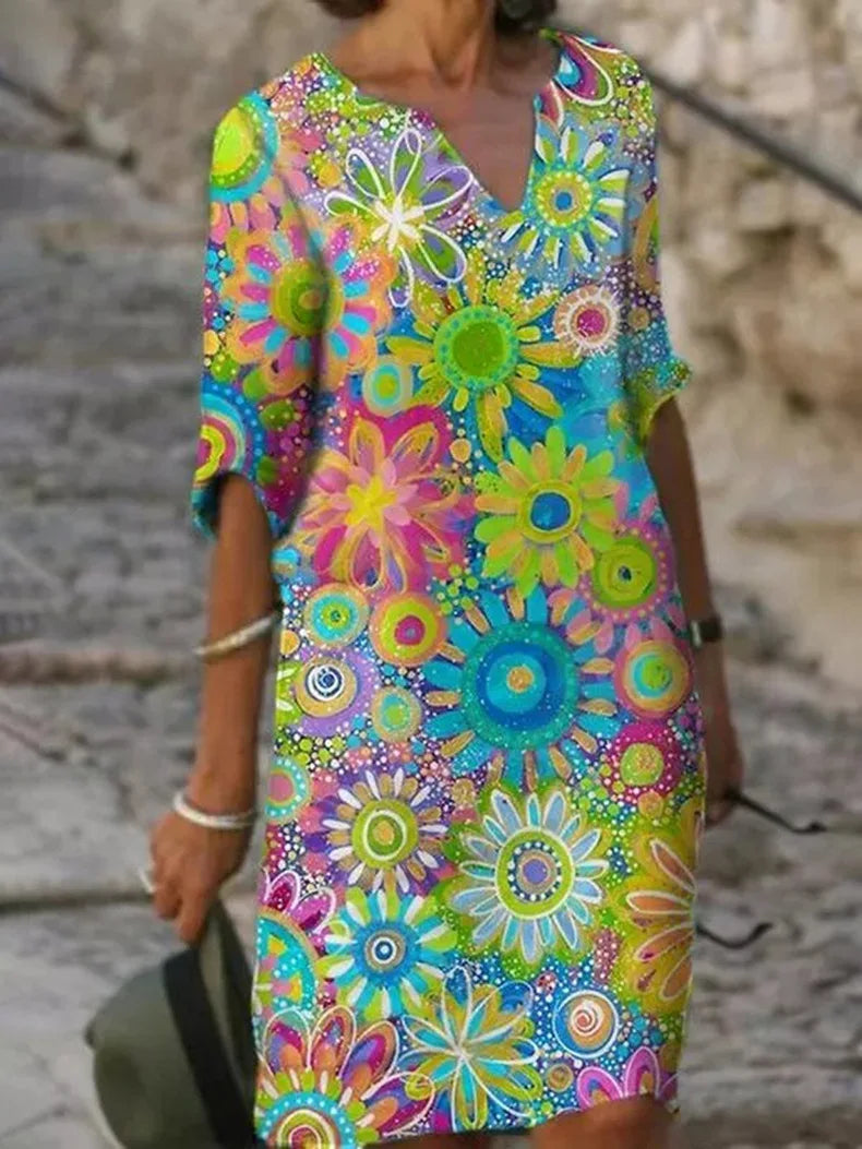 Floral print dress with V-neck